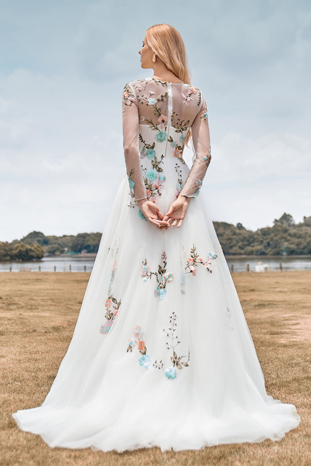 Ivory Flower A-Line Round Neck Long Wedding Dress with Long Sleeves