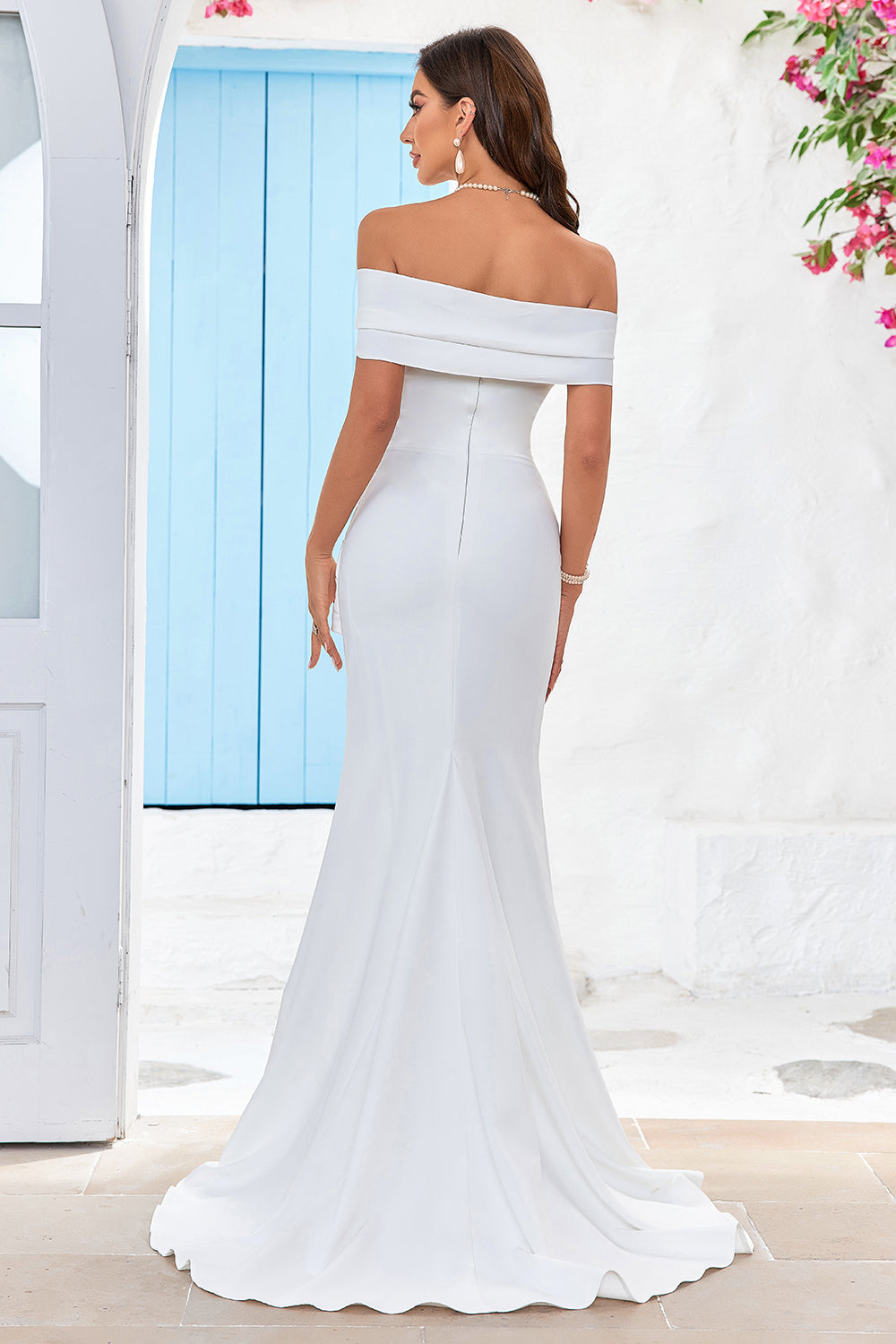 Ivory Mermaid Off the Shoulder Satin Long Wedding Dress with Slit