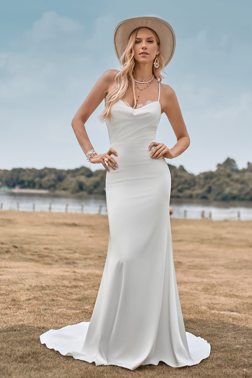 Ivory Mermaid Cowl Neck Simple Sweep Train Wedding Dress