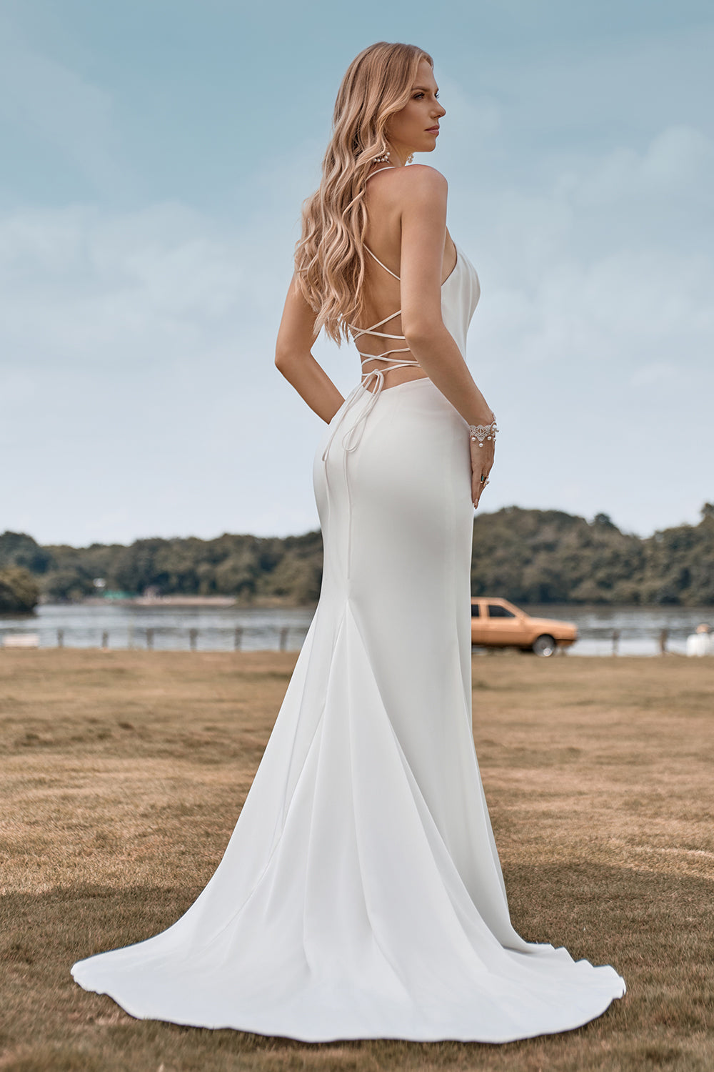 Ivory Mermaid Cowl Neck Simple Sweep Train Wedding Dress