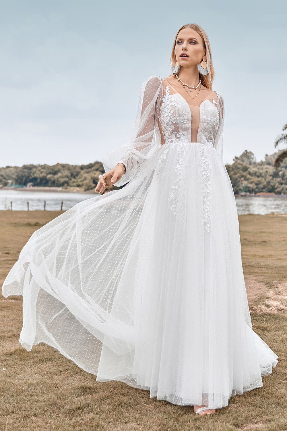 Ivory A Line V Neck Court Train Tulle Wedding Dress with Long Sleeves