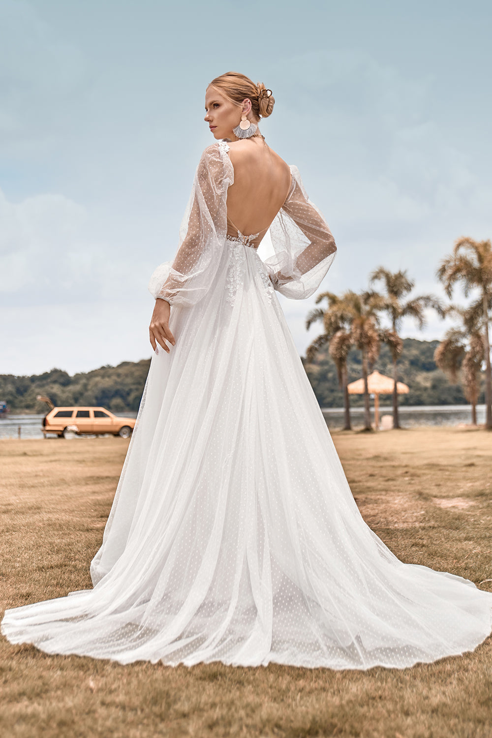 Ivory A Line V Neck Court Train Tulle Wedding Dress with Long Sleeves