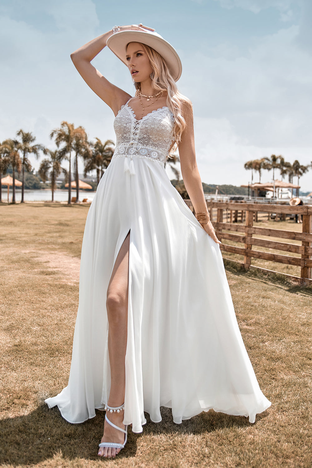 Ivory A Line Spaghetti Straps V-Neck Floor Length Wedding Dress