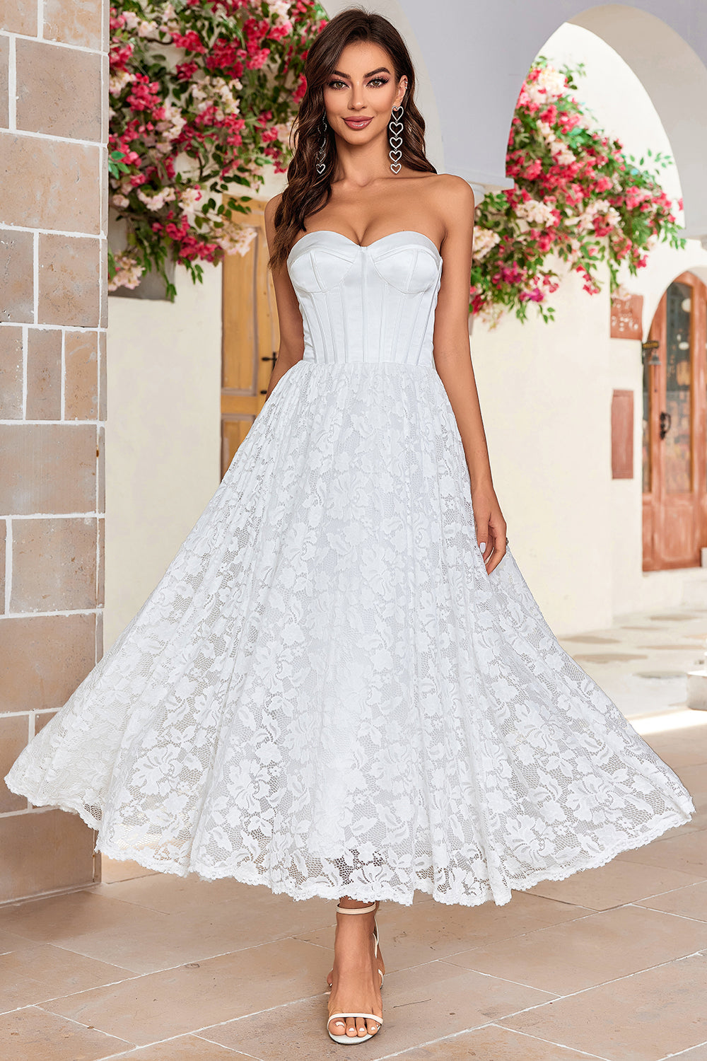 A Line Sweetheart Tea-Length Corset Wedding Dress with Lace