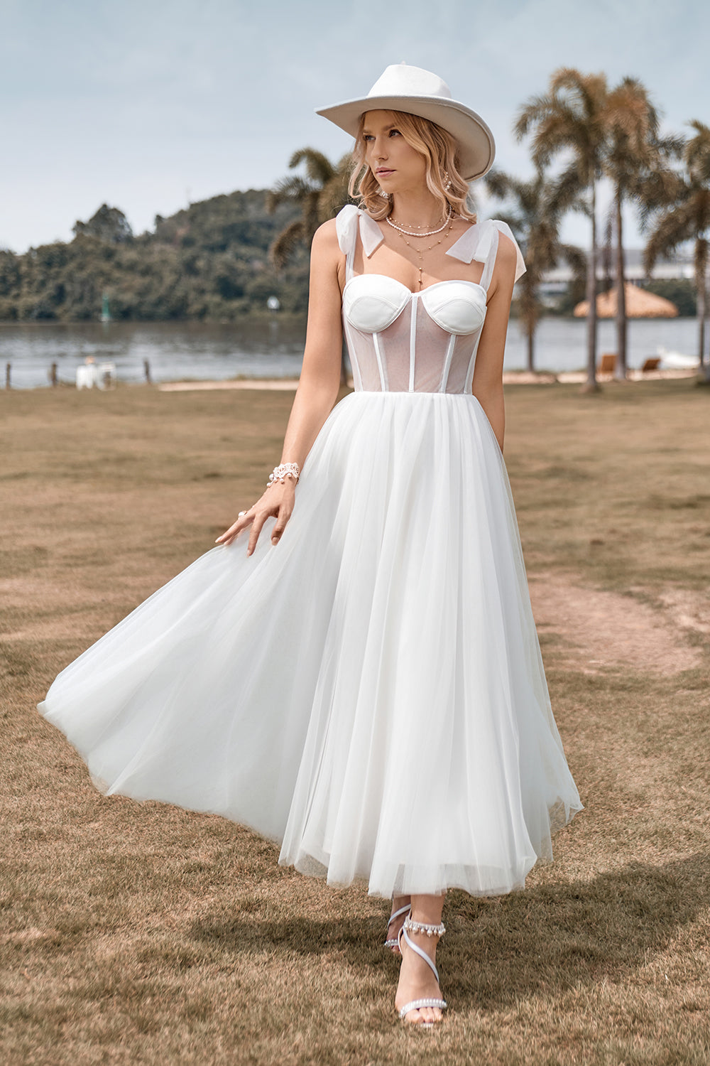 Ivory A Line Sweetheart Corset Tea Length Wedding Dress