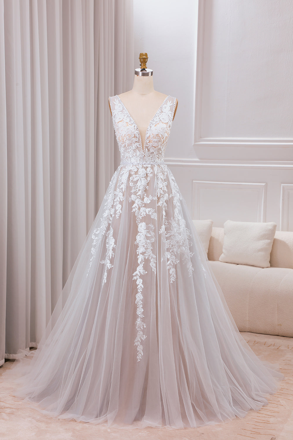 A Line V-Neck Sweep Train Ivory Wedding Dress With Lace