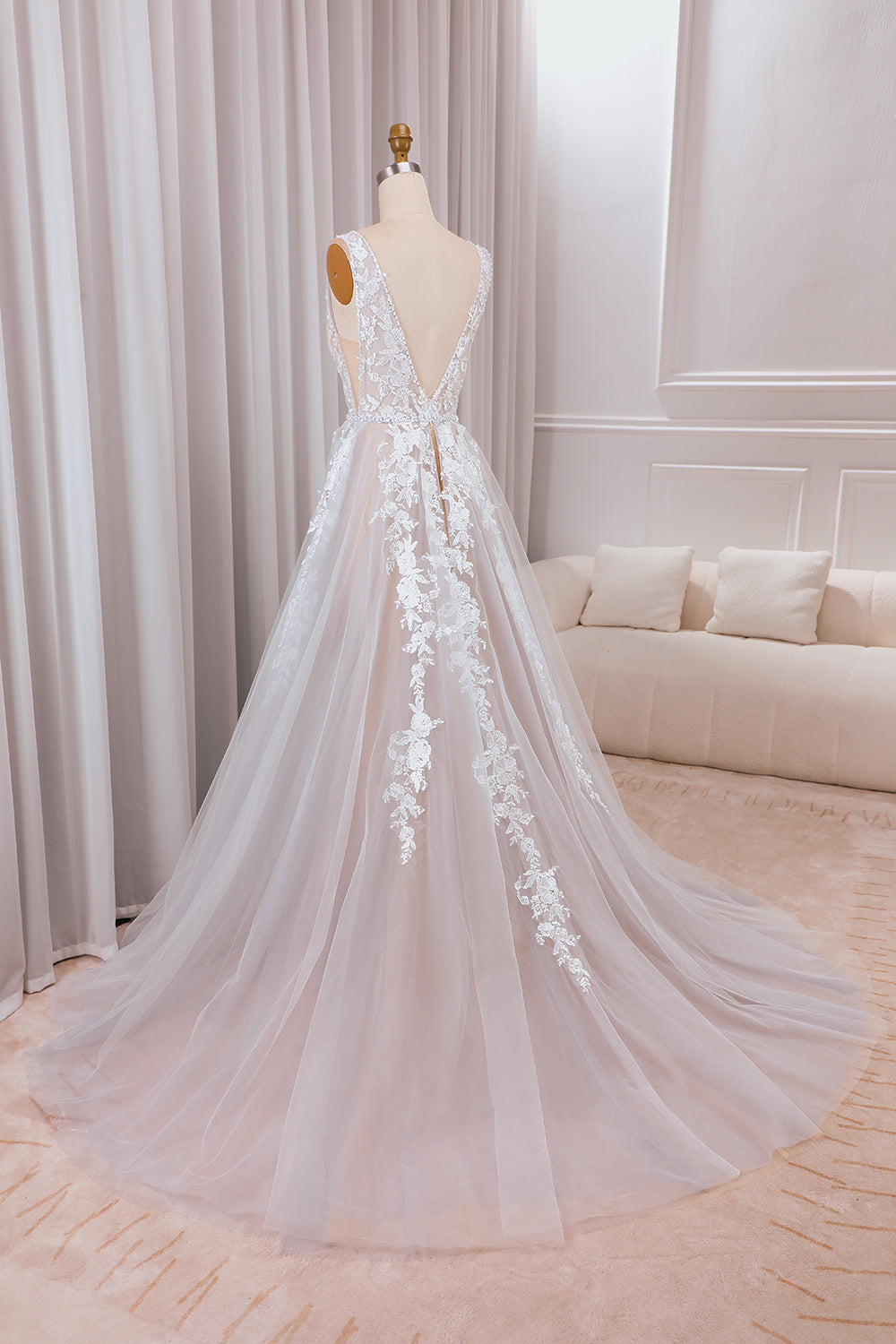 A Line V-Neck Sweep Train Ivory Wedding Dress With Lace