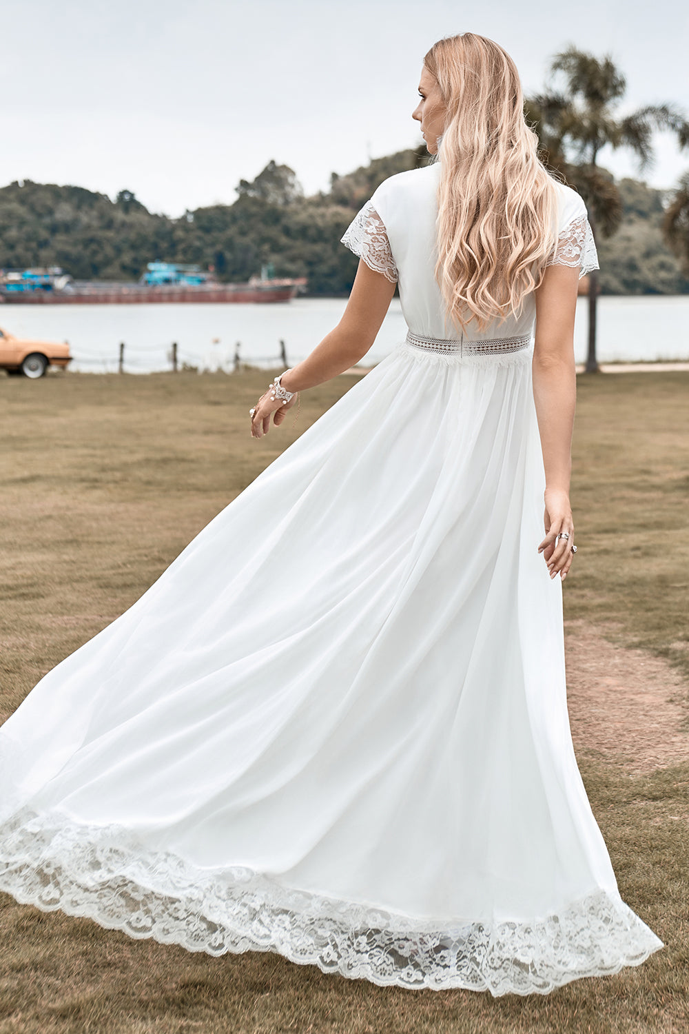 Ivory A Line V-Neck Floor Length Boho Wedding Dress With Slit