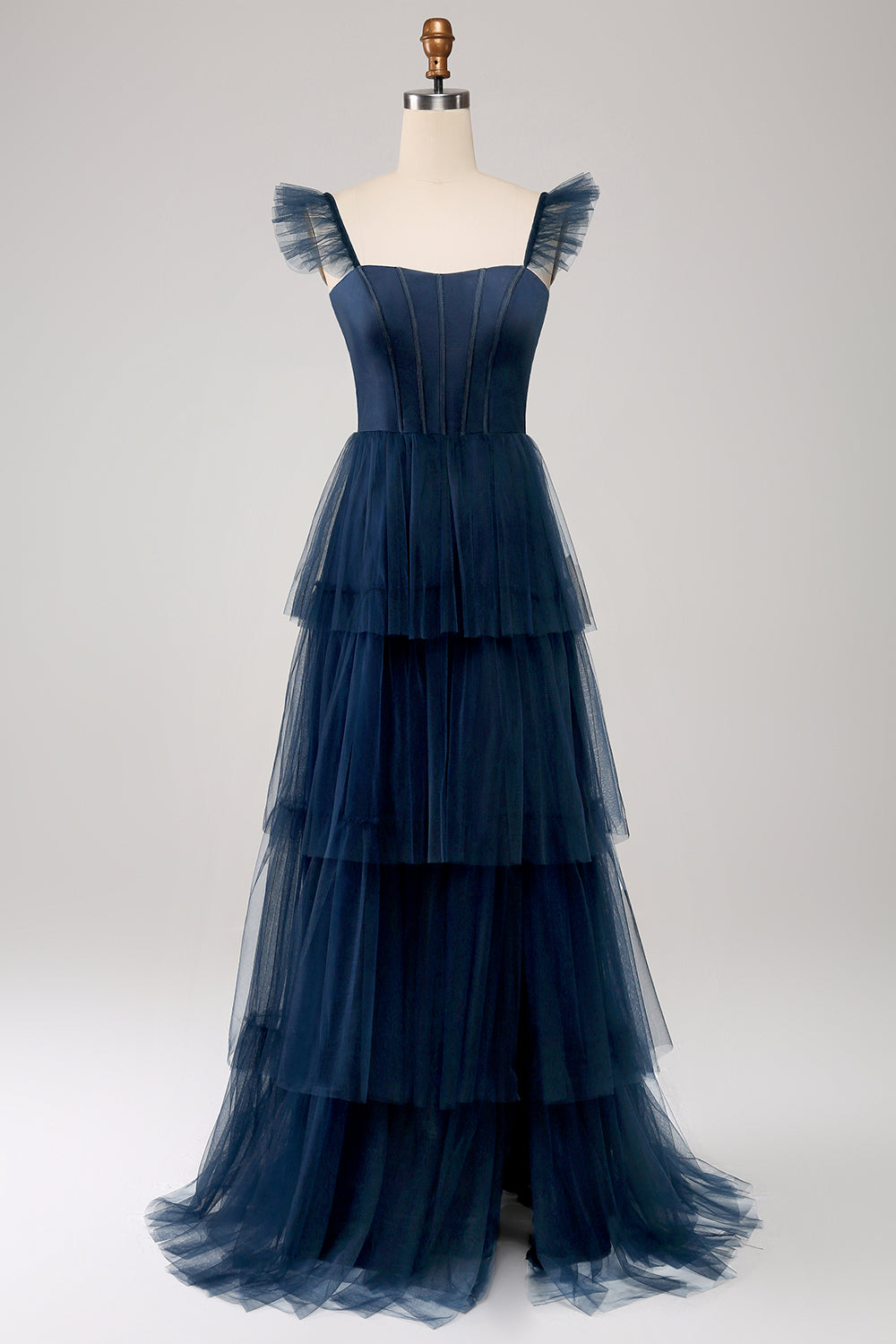 A Line Spaghetti Straps Tiered Tulle Long Navy Bridesmaid Dress With Slit