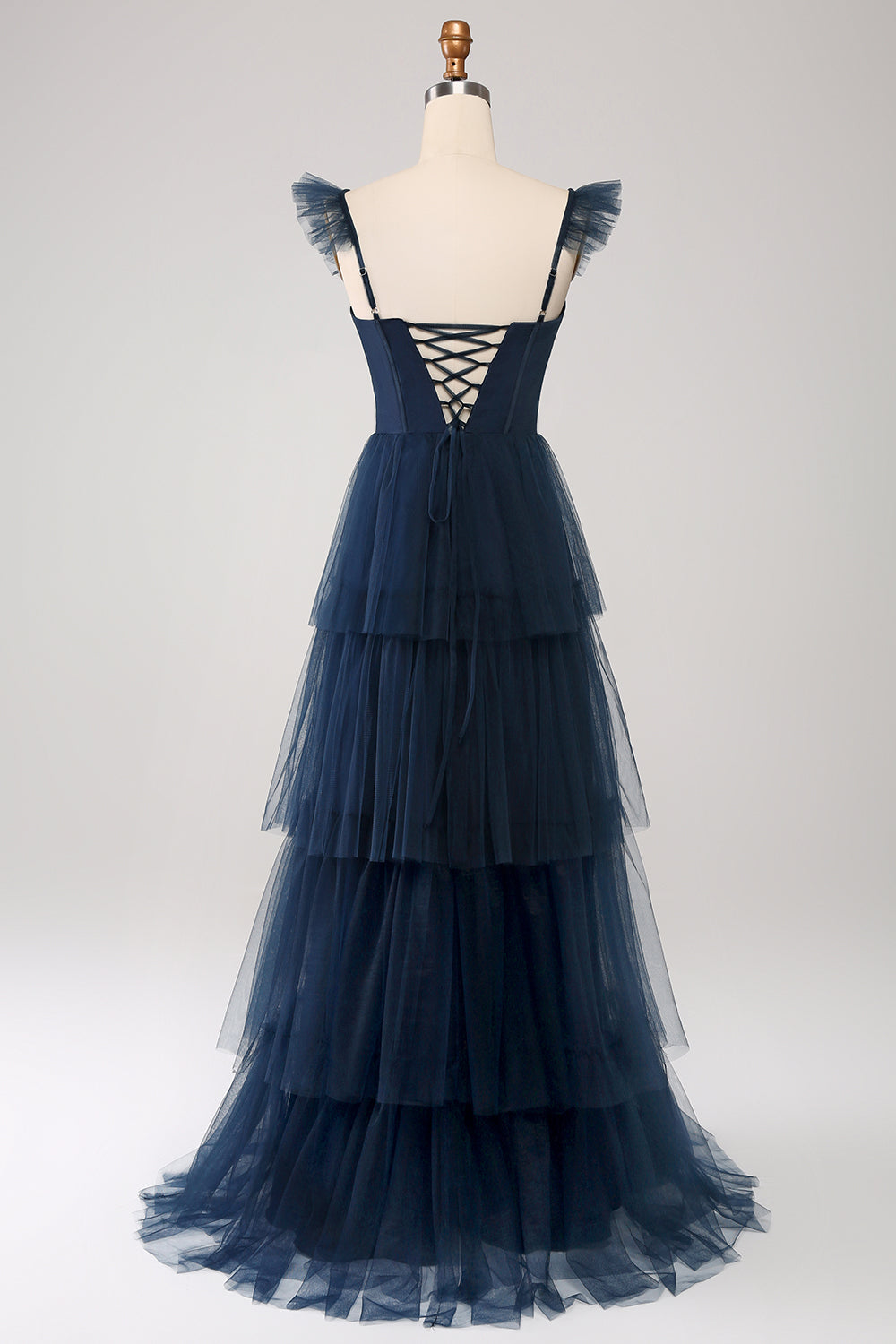 A Line Spaghetti Straps Tiered Tulle Long Navy Bridesmaid Dress With Slit