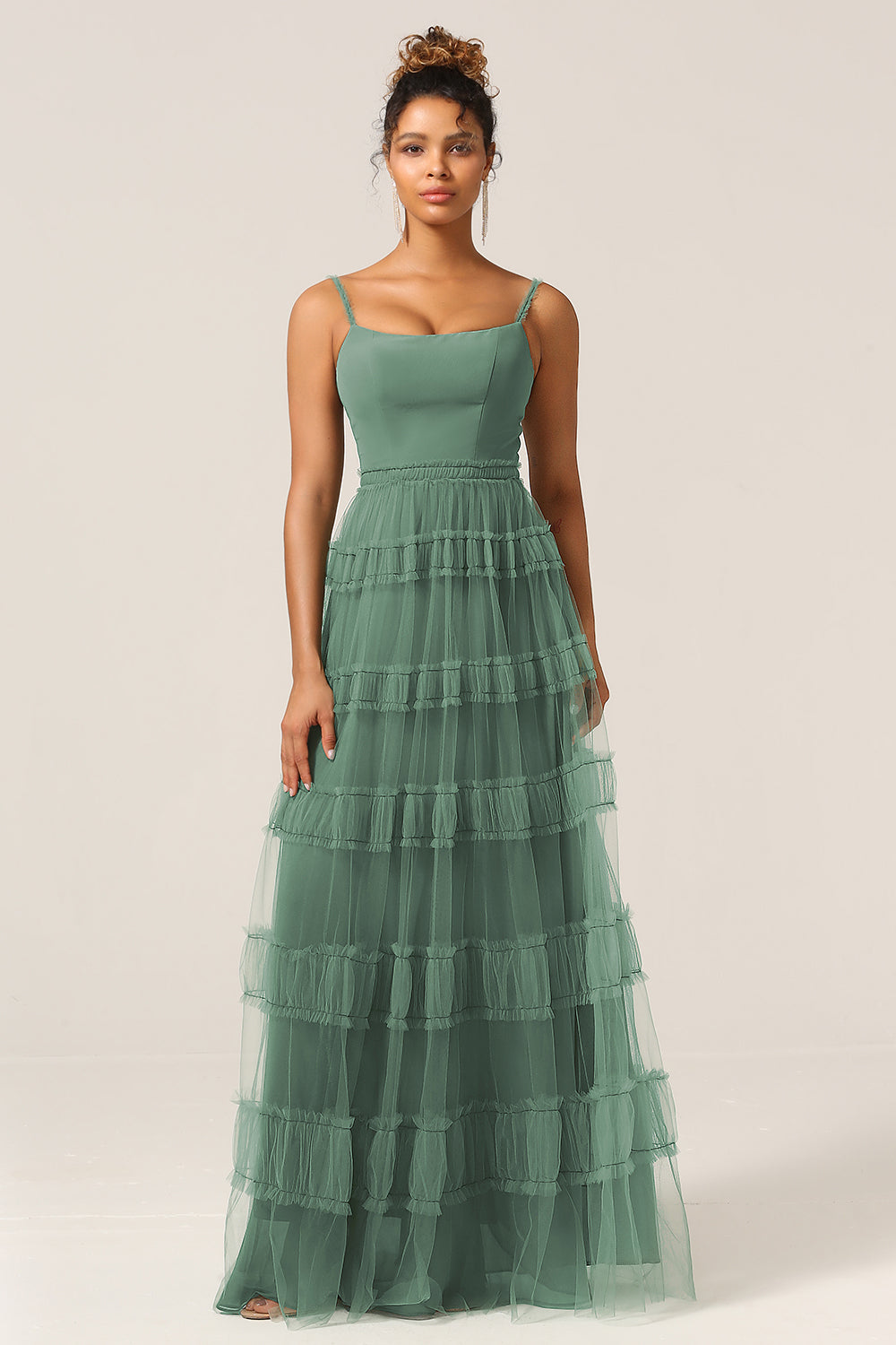 Eucalyptus A Line Spaghetti Straps Tiered Tulle Bridesmaid Dress