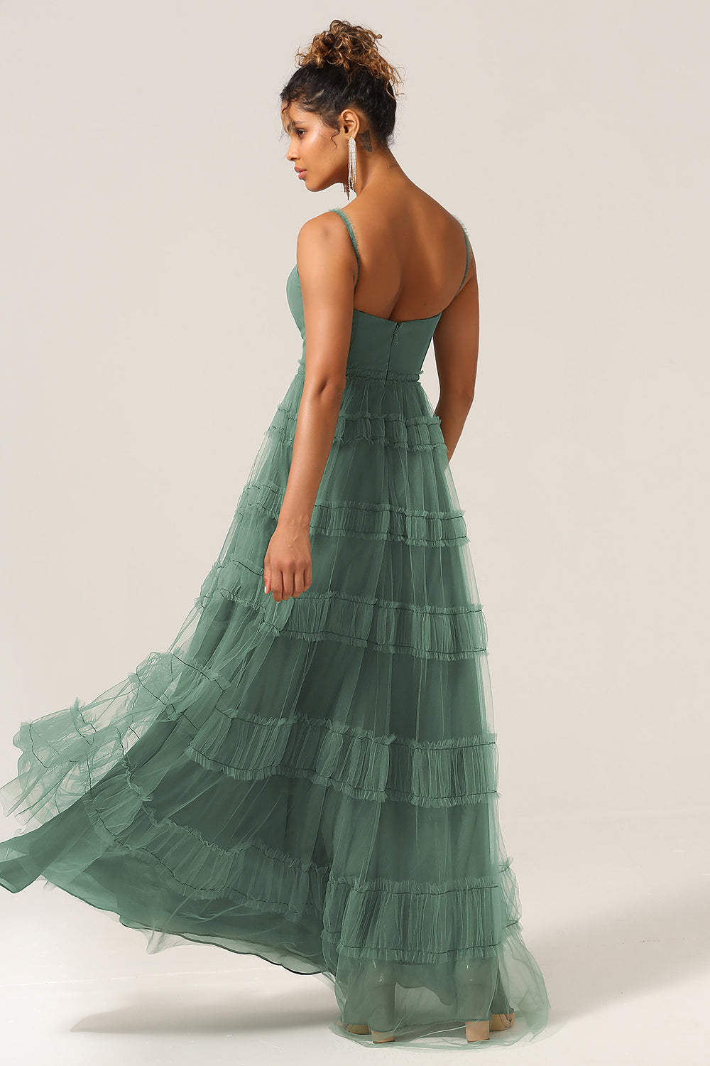 Eucalyptus A Line Spaghetti Straps Tiered Tulle Bridesmaid Dress