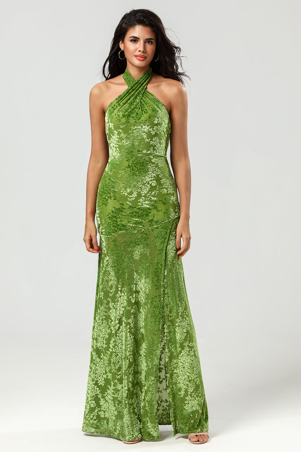 Olive Green Sheath Halter Burnout Velvet Floor-Length Bridesmaid Dress with Slit