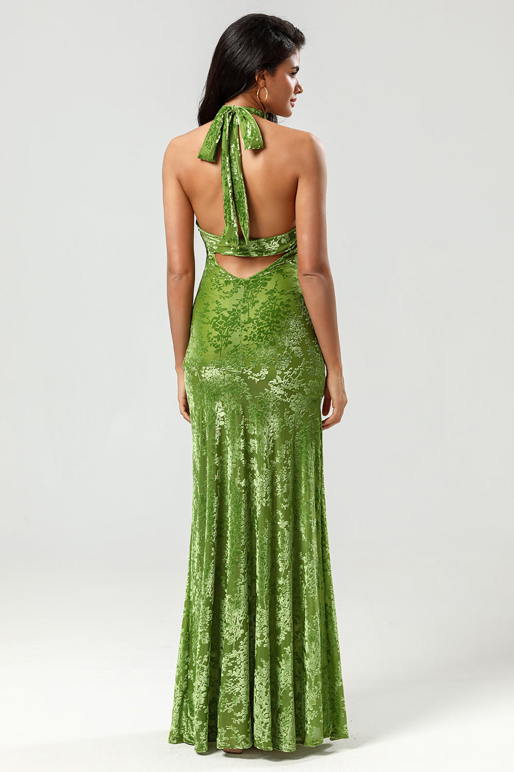 Olive Green Sheath Halter Burnout Velvet Floor-Length Bridesmaid Dress with Slit