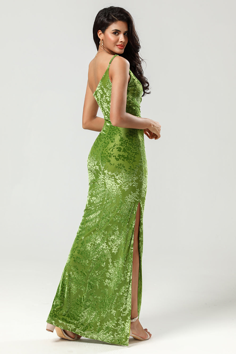 Olive Green Sheath One Shoulder Burnout Velvet Floor-Length Bridesmaid Dress with Slit