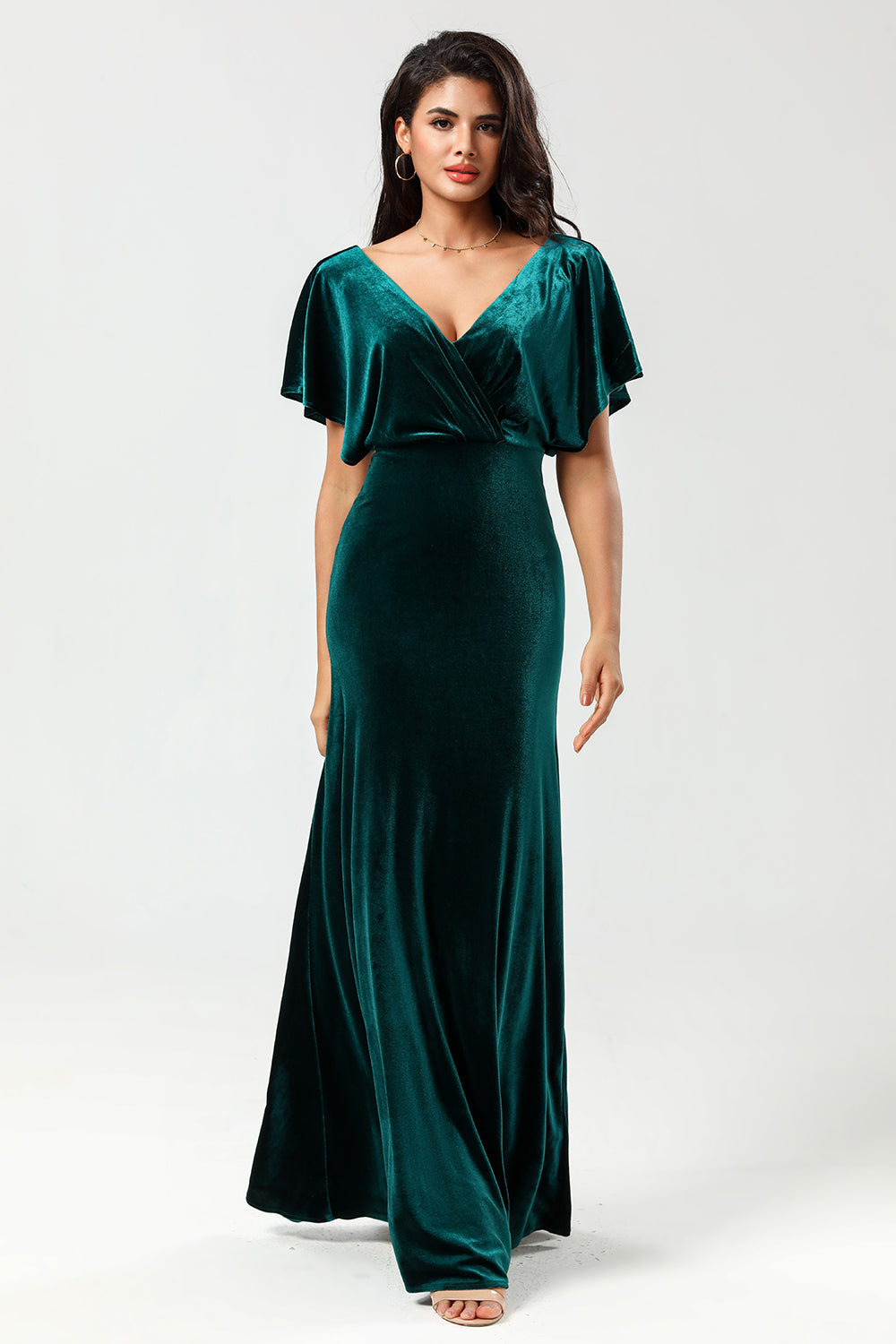 Velvet V-Neck Peacock Bridesmaid Dress with Ruffles