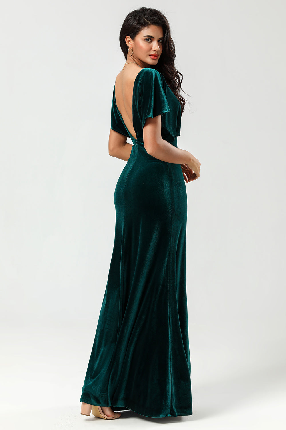 Velvet V-Neck Peacock Bridesmaid Dress with Ruffles