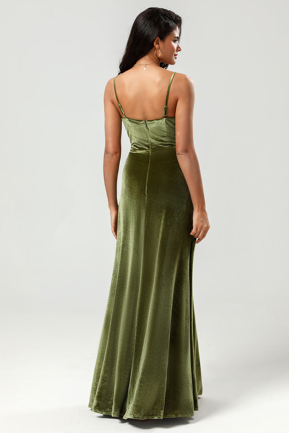 A Line Spaghetti Straps Floor-Length Velvet Bridesmaid Dress with Slit