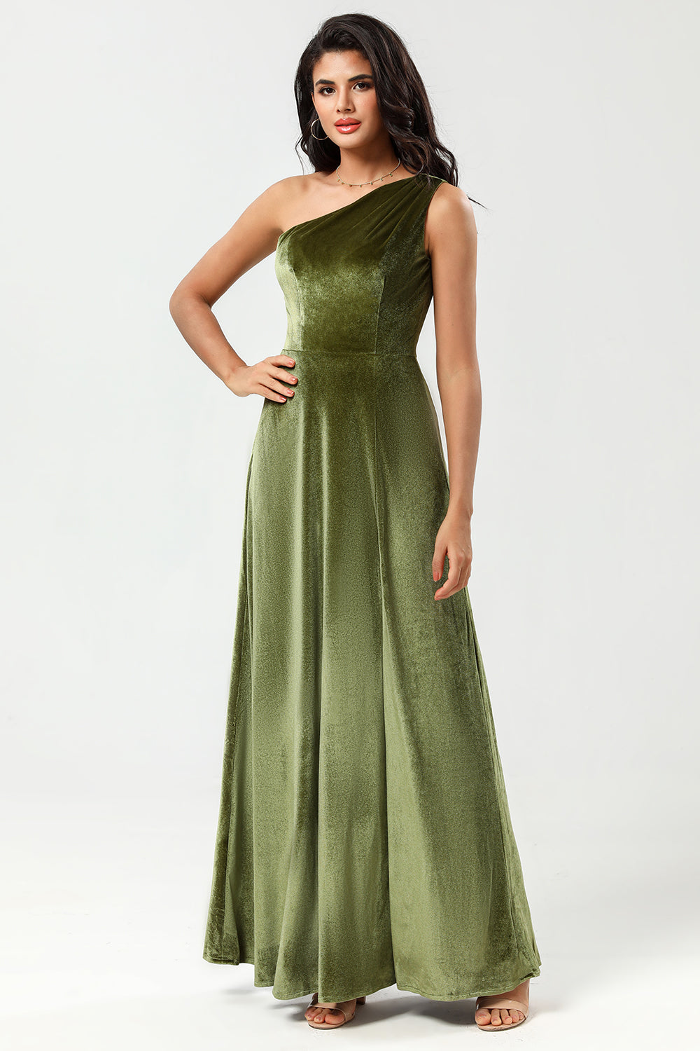 A Line One Shoulder Floor-Length Velvet Bridesmaid Dress with Slit