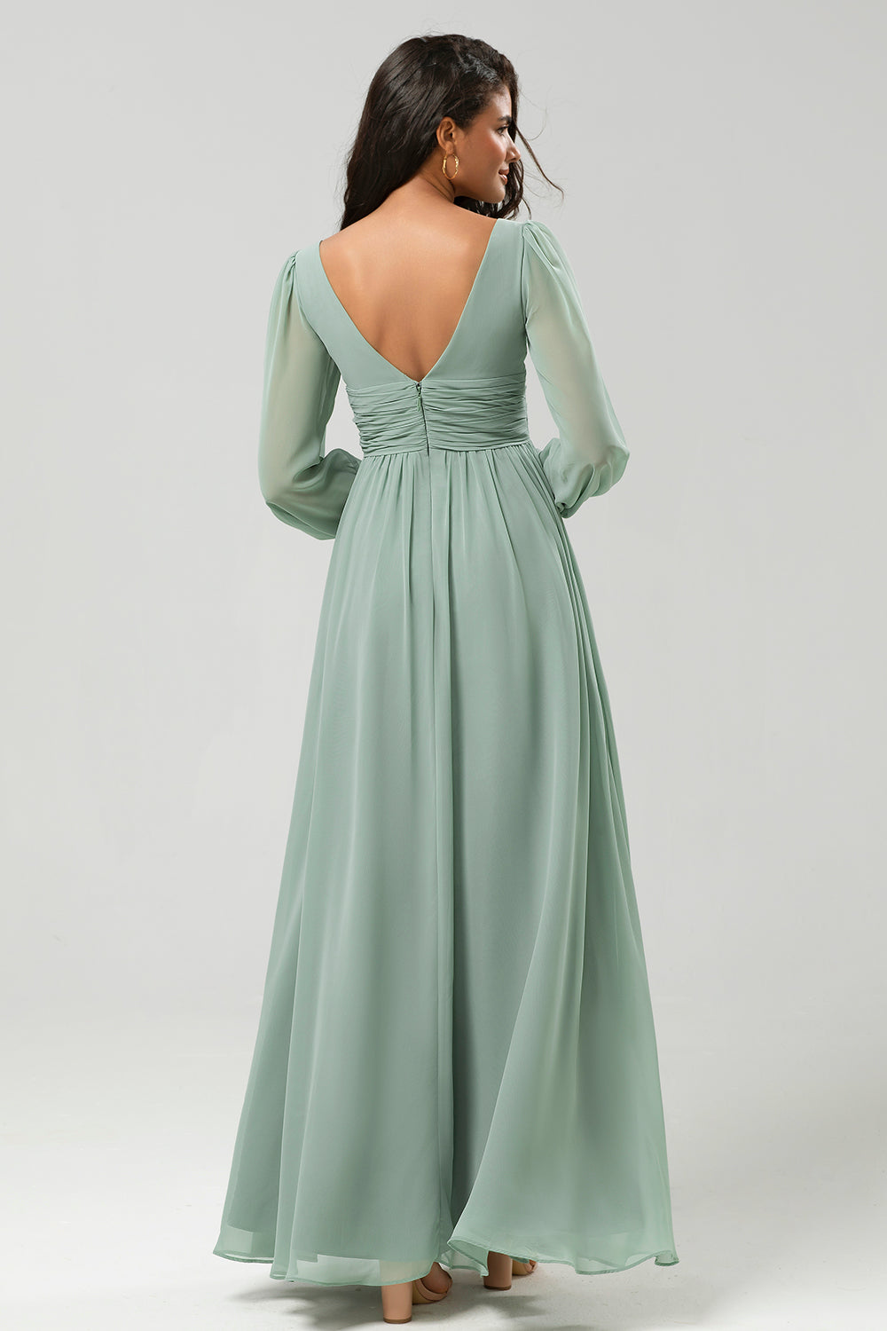 Matcha A Line Ruched Chiffon Floor-Length Bridesmaid Dress with Slit