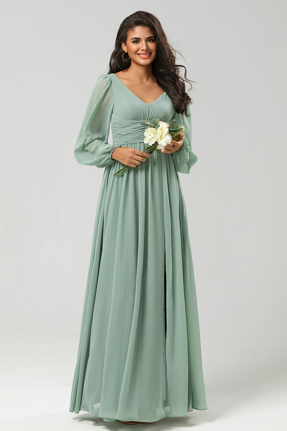 Matcha A Line Ruched Chiffon Floor-Length Bridesmaid Dress with Slit