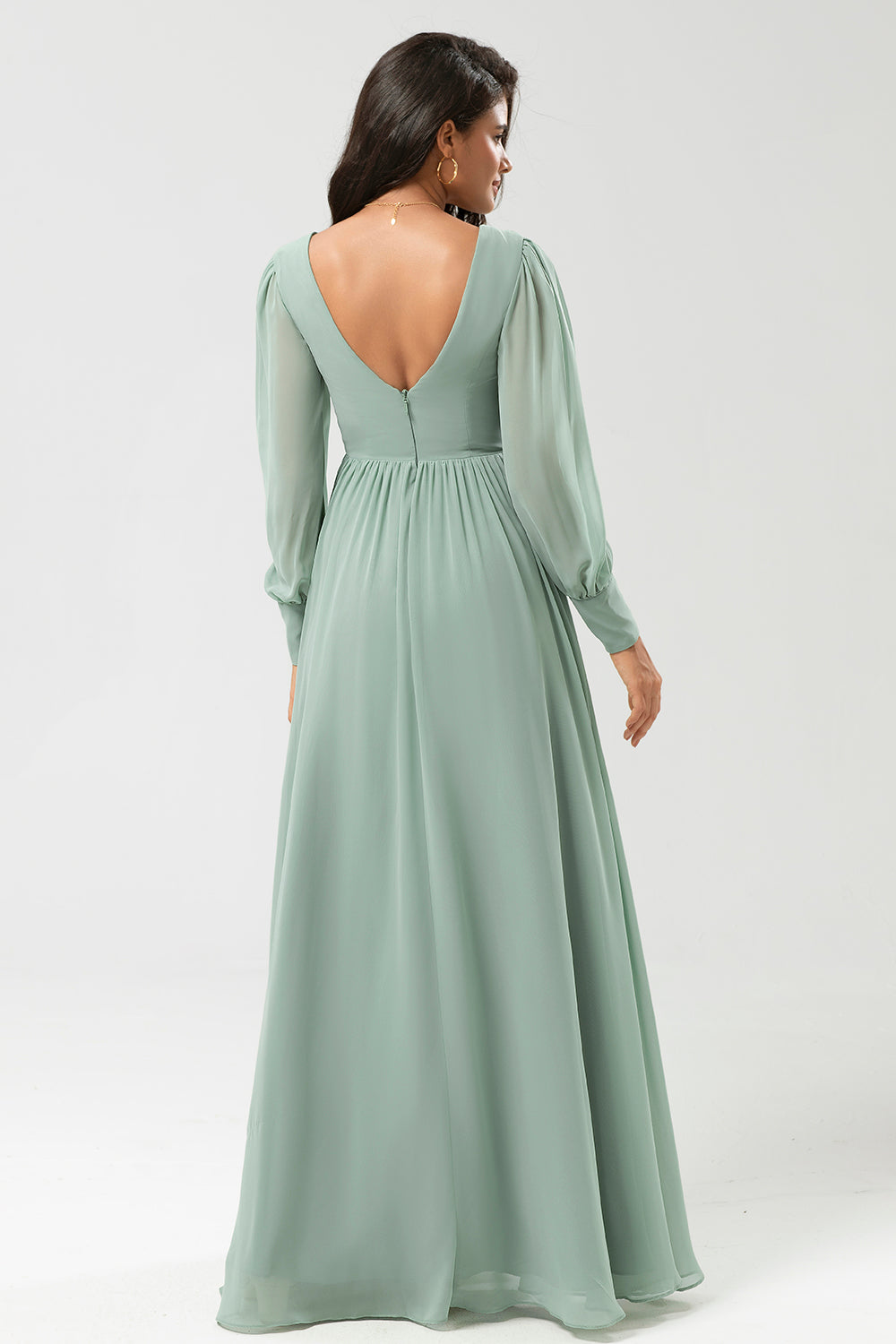 Matcha A Line Chiffon Ruffles Long Bridesmaid Dress with Slit