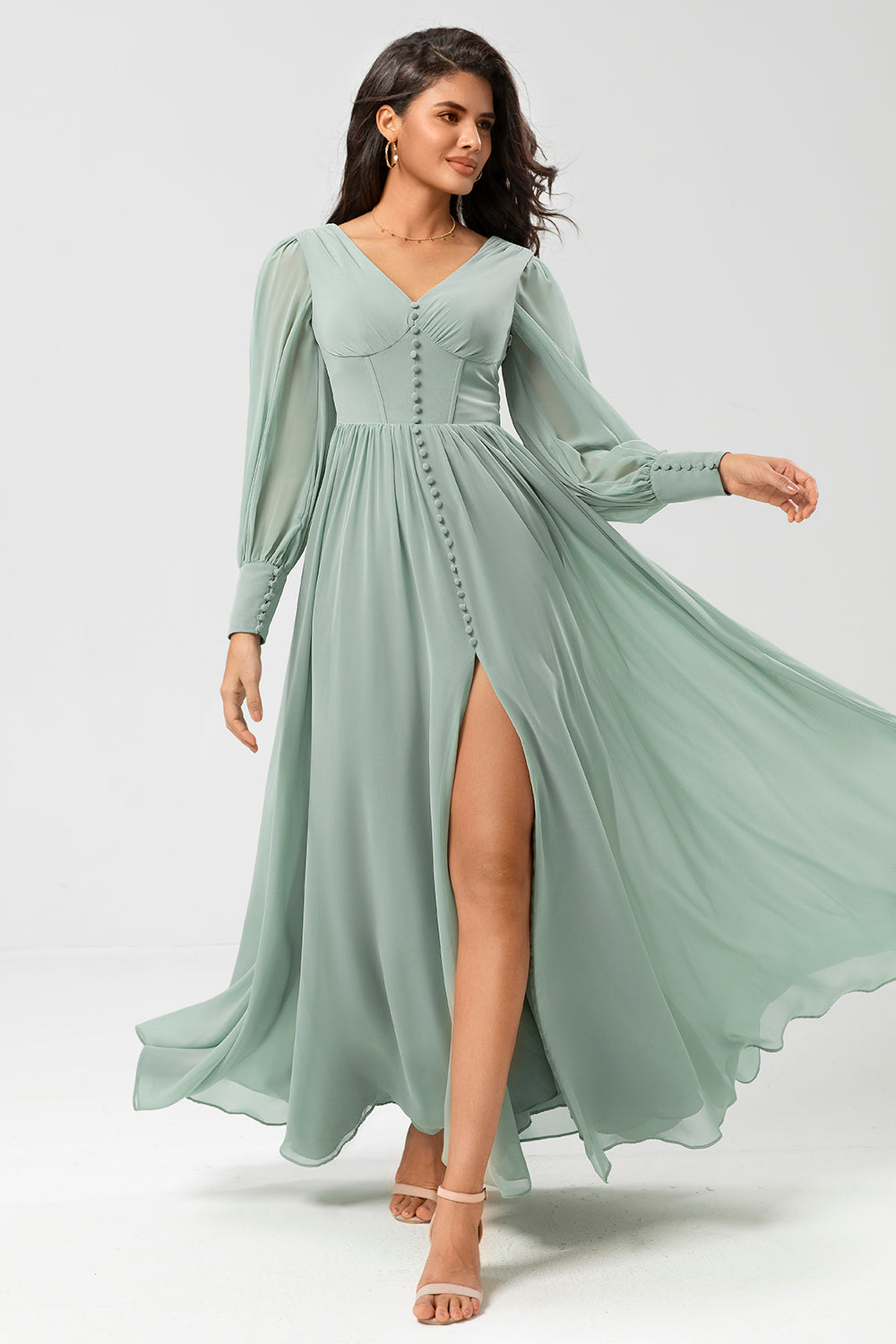 Matcha A Line Chiffon Ruffles Long Bridesmaid Dress with Slit