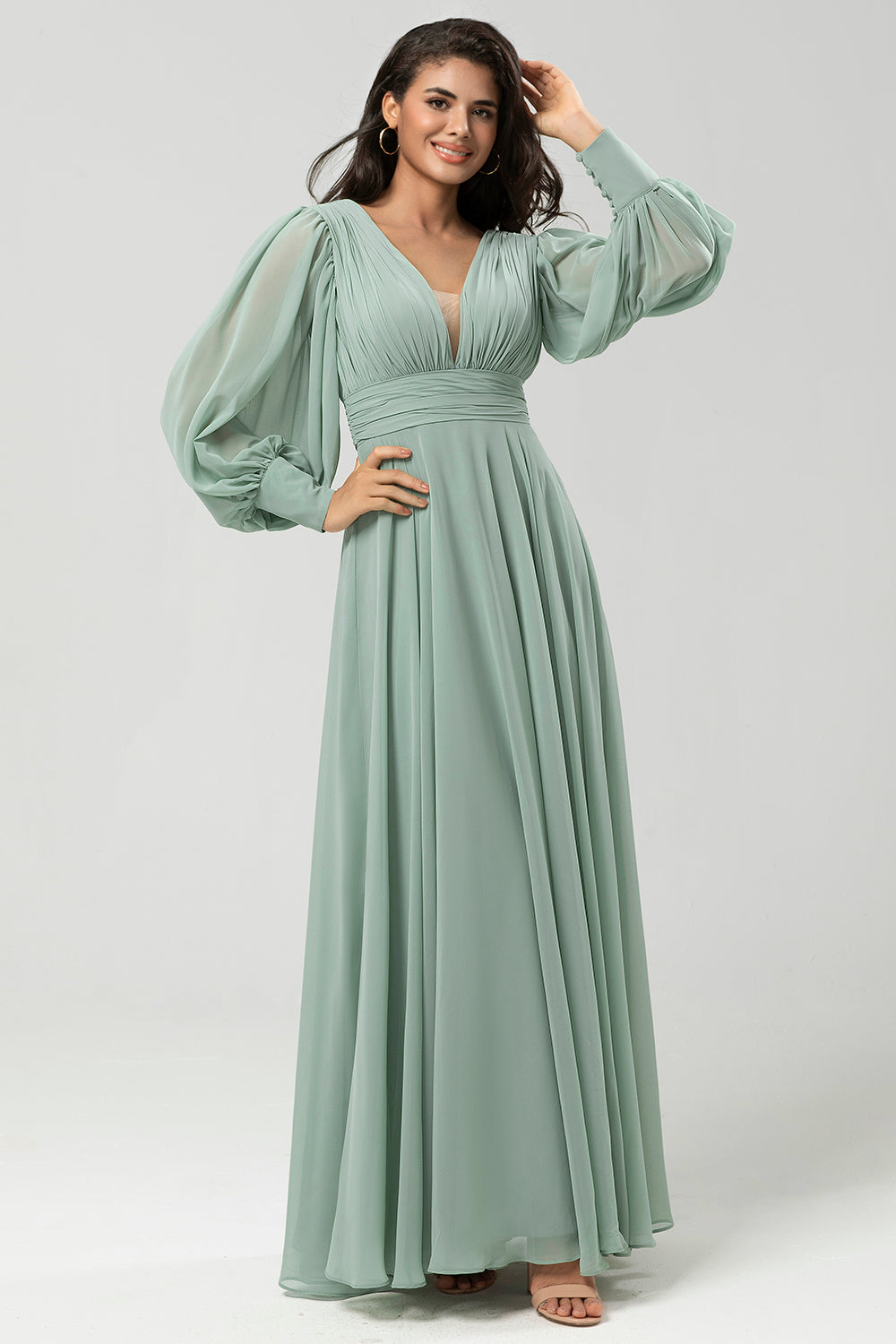 Matcha A Line Detachable Chiffon Bridesmaid Dress With Long Sleeves