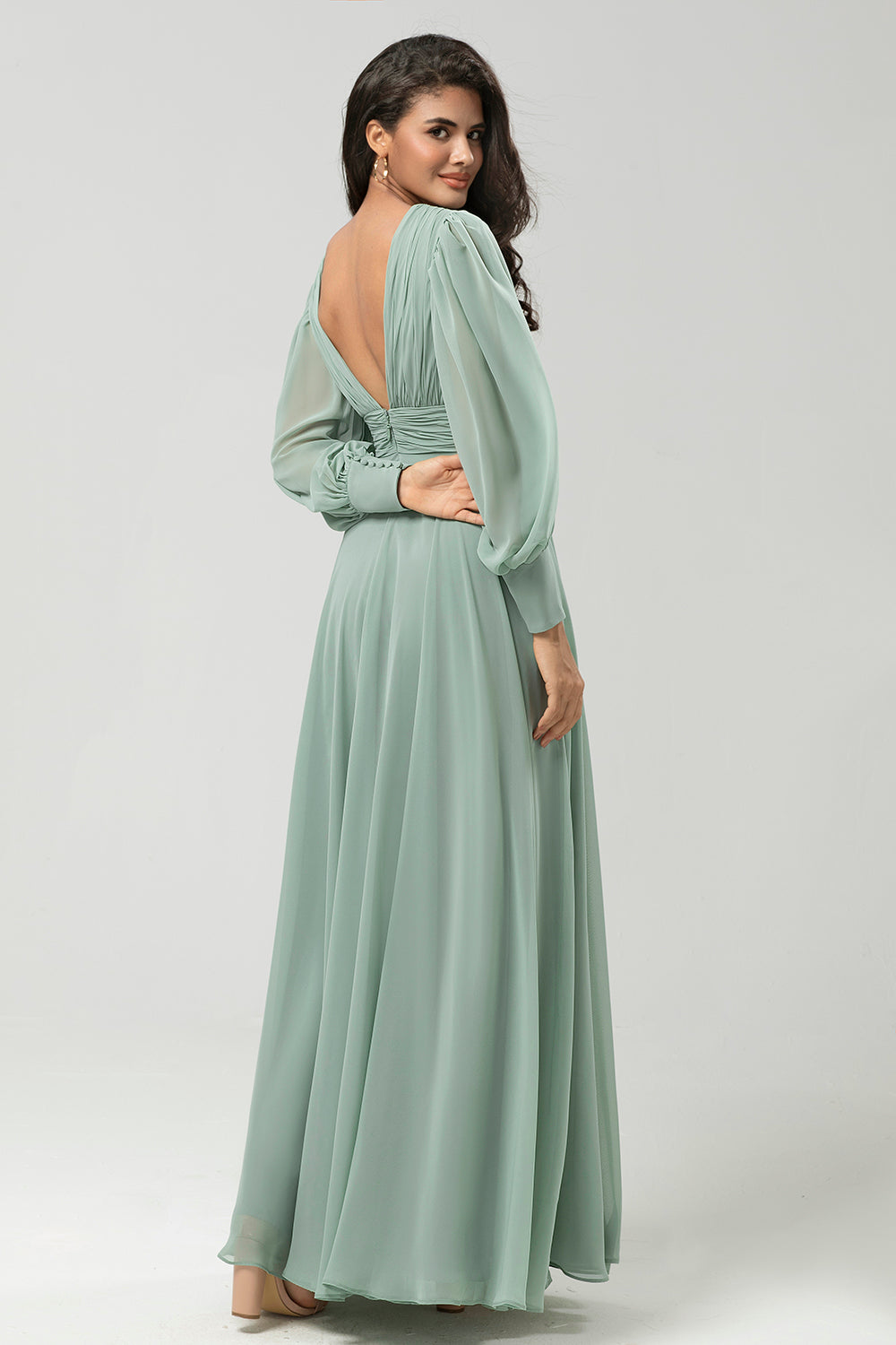 Matcha A Line Detachable Chiffon Bridesmaid Dress With Long Sleeves