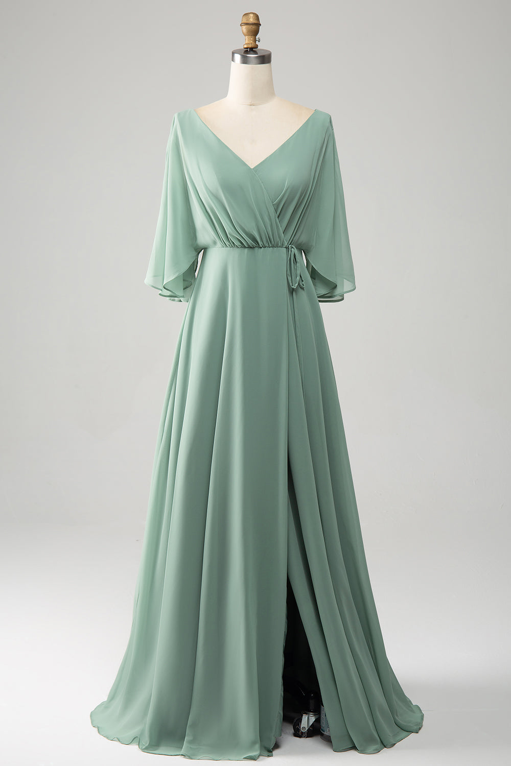 Matcha A Line V Neck Pleated Long Chiffon Bridesmaid Dress with Slit