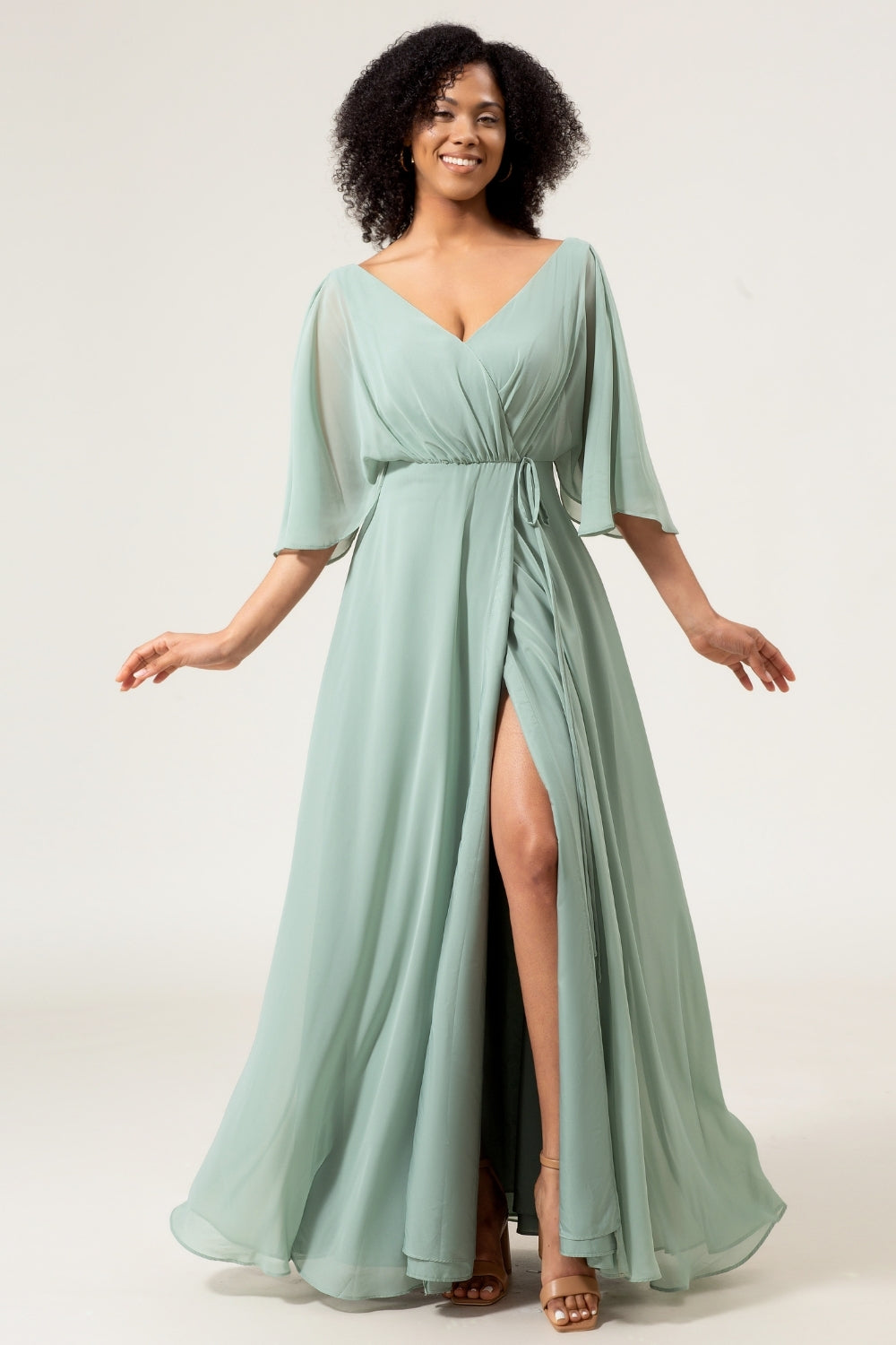 A Line V Neck Pleated Chiffon Matcha Bridesmaid Dress with Slit