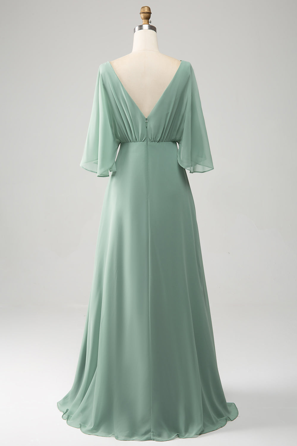 Matcha A Line V Neck Pleated Long Chiffon Bridesmaid Dress with Slit