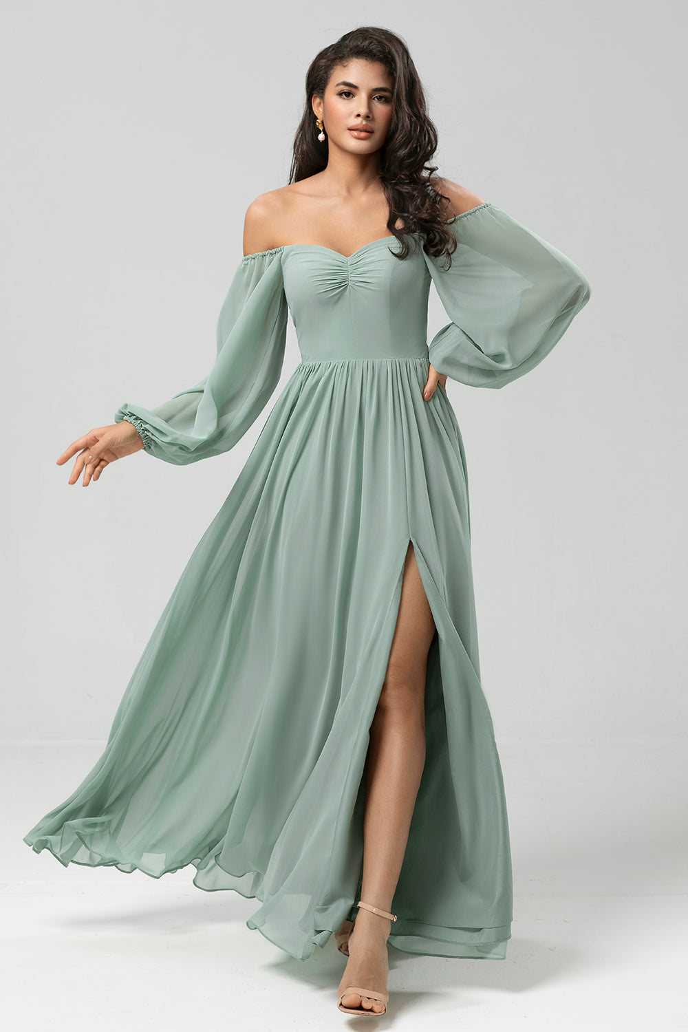 Matcha A Line Off The Shoulder Chiffon Bridesmaid Dress with Slit