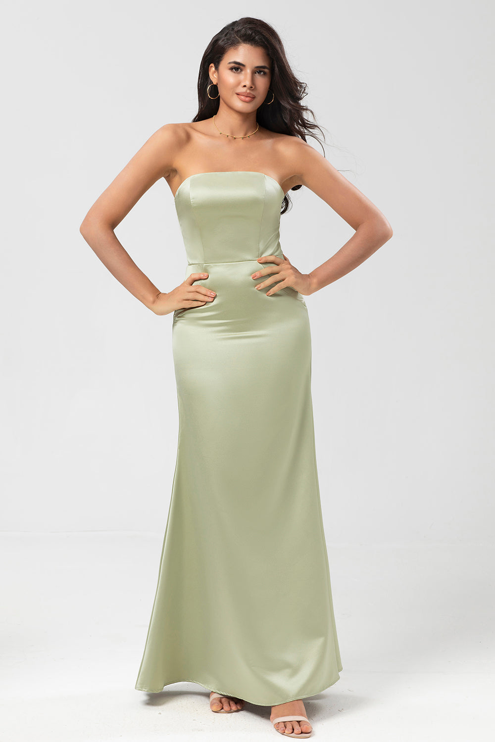 Dusty Sage Mermaid Strapless Floor-Length Satin Bridesmaid Dress