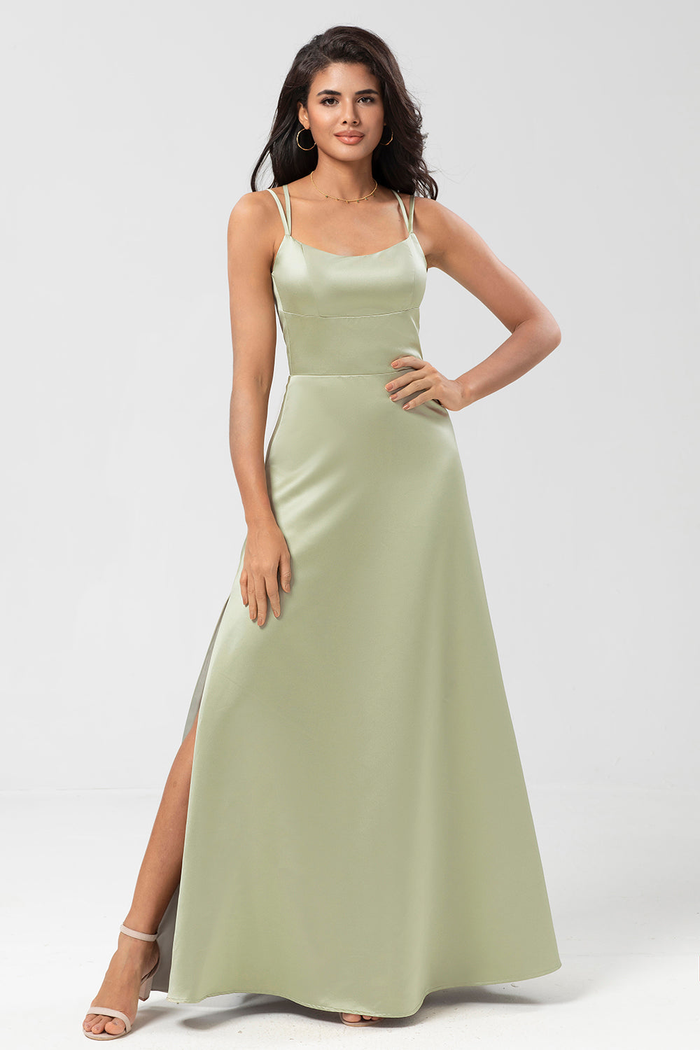 Dusty Sage A Line Spaghetti Straps Floor-Length Satin Bridesmaid Dress with Slit