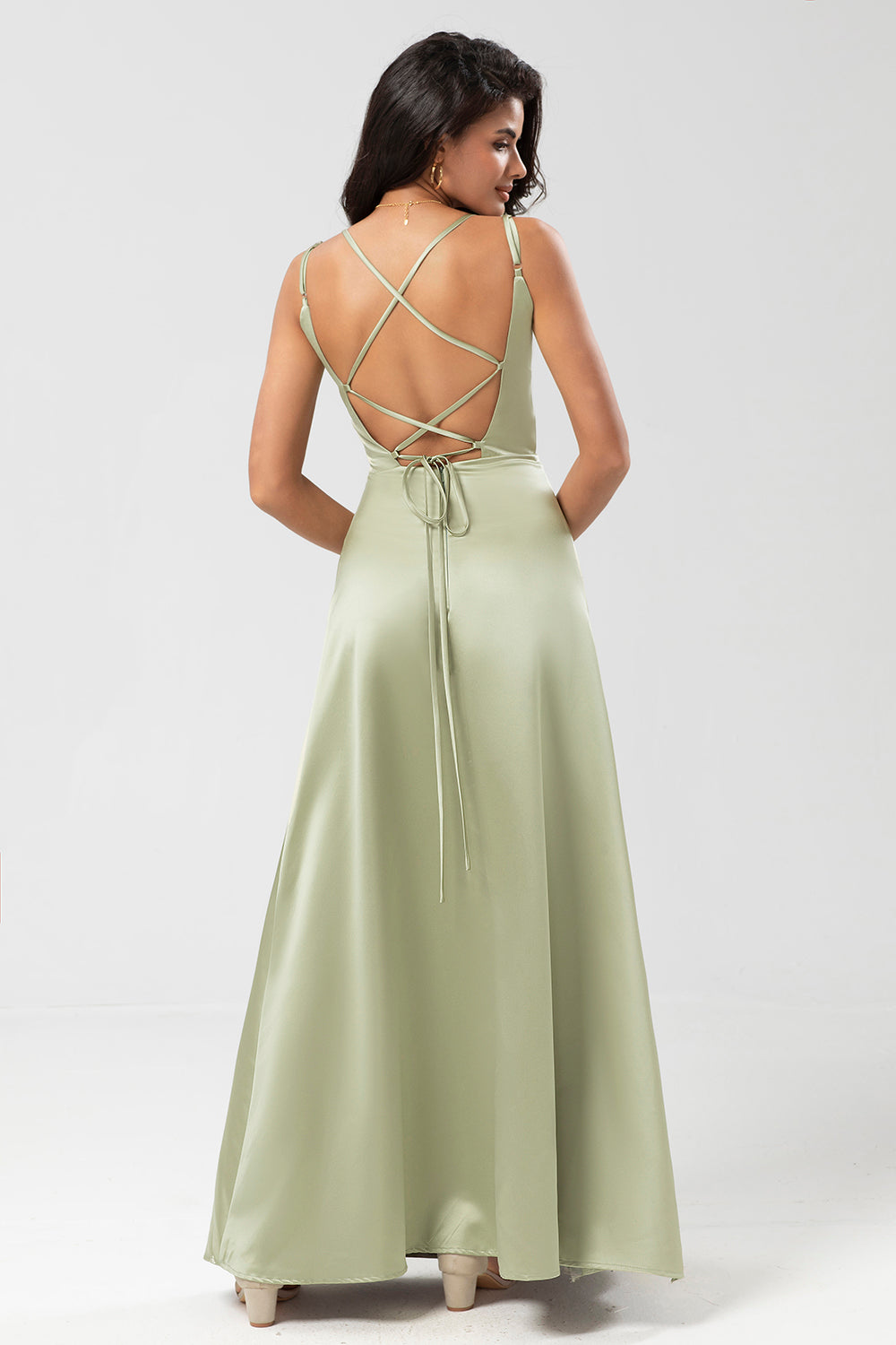 Dusty Sage A Line Spaghetti Straps Floor-Length Satin Bridesmaid Dress with Slit