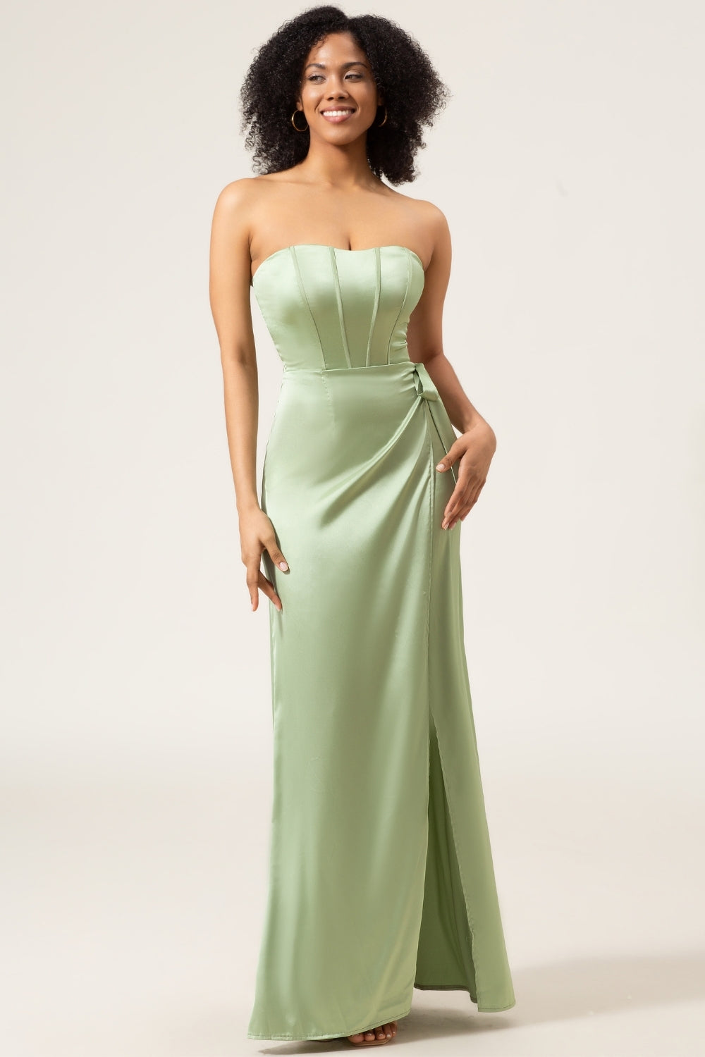 Dusty Sage A-Line Strapless Corset Satin Bridesmaid Dress with Slit