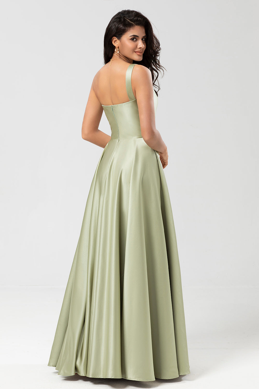 Dusty Sage A-Line One Shoulder Ruched Satin Bridesmaid Dress with Pocket