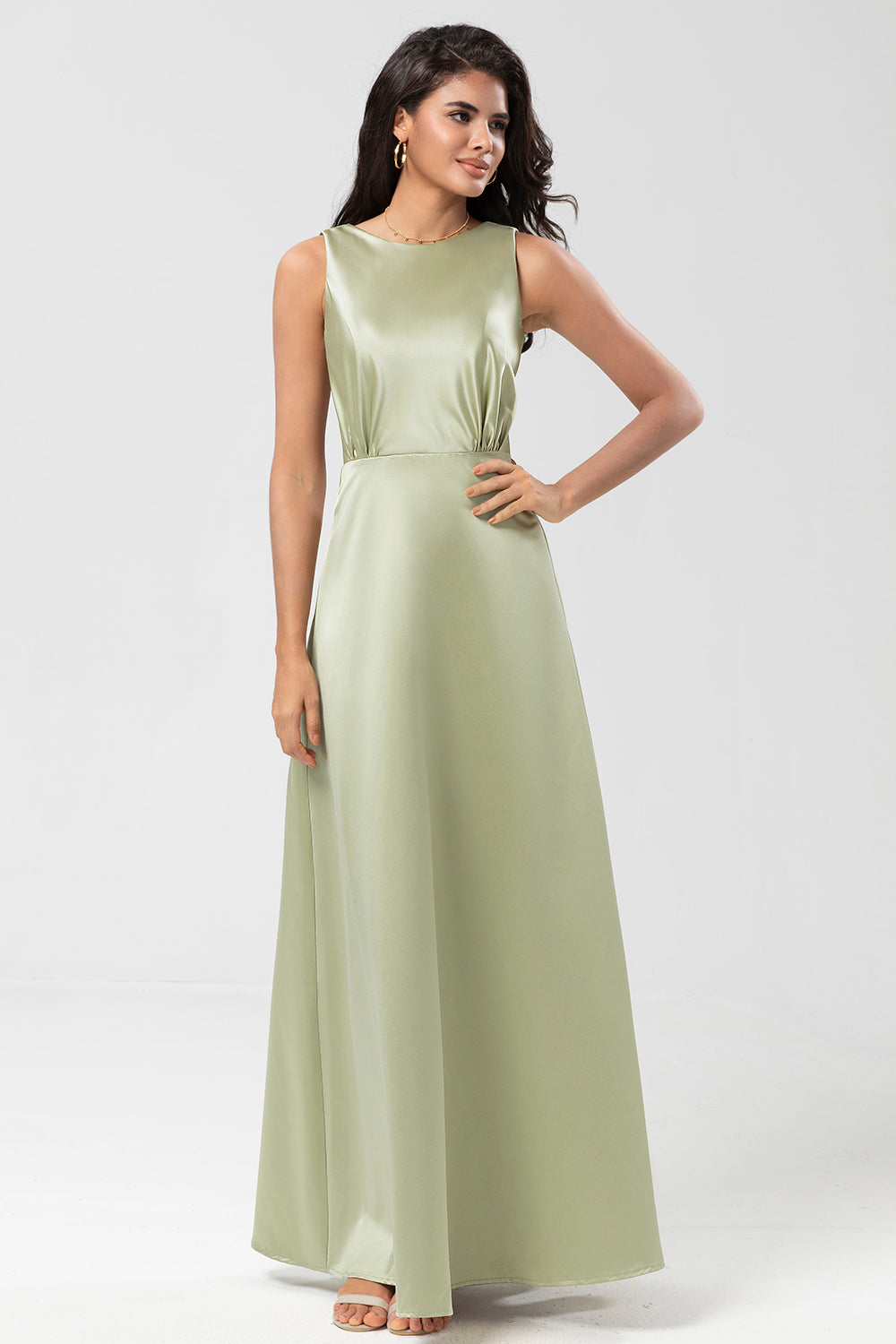 Dusty Sage A Line Floor-Length Satin Bridesmaid Dress