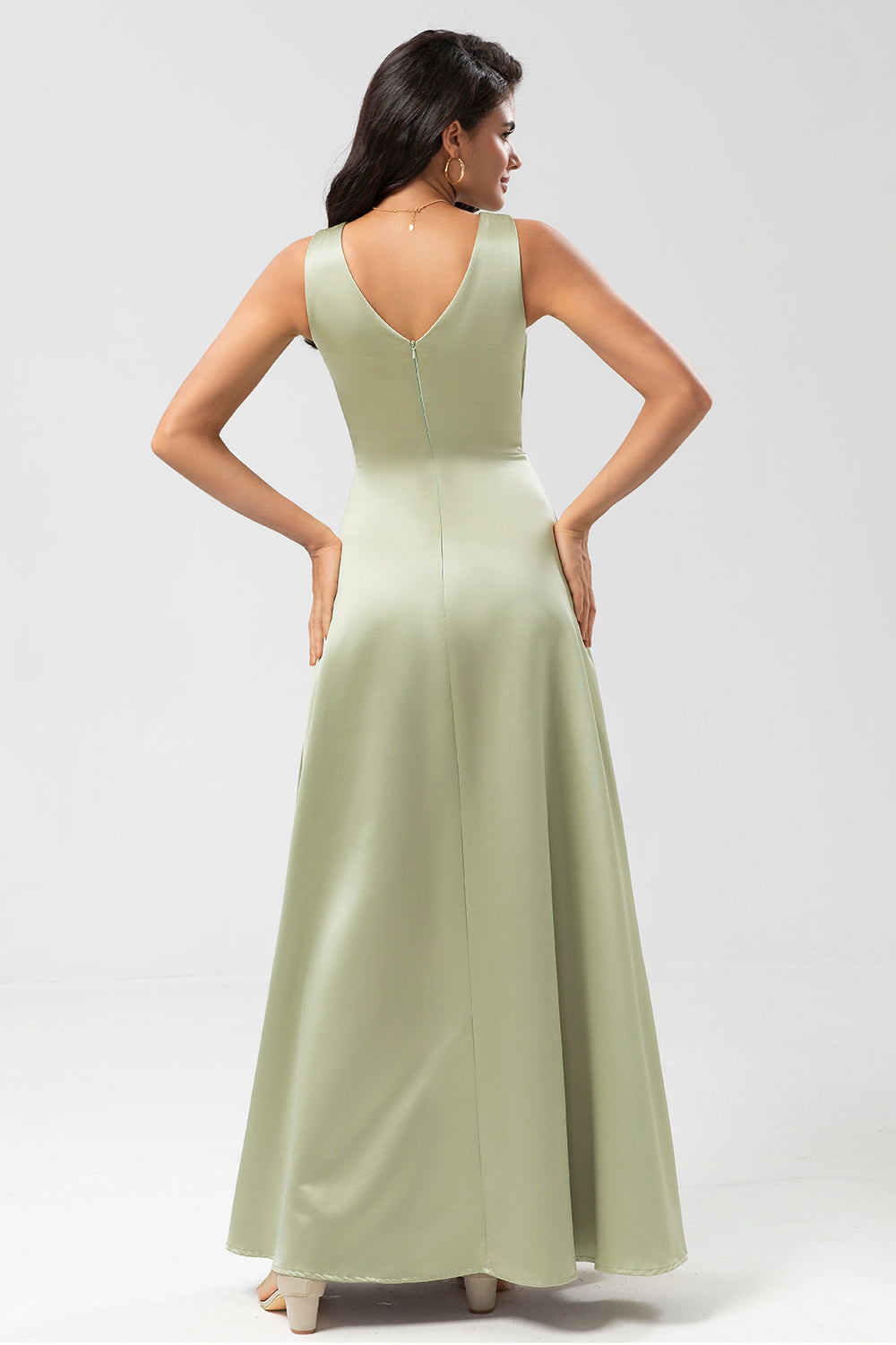 Dusty Sage A Line Floor-Length Satin Bridesmaid Dress