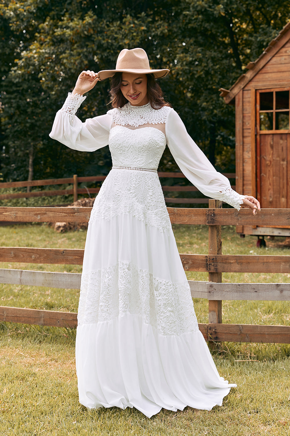 Ivory A Line Round Neck Long Sleeves Boho Wedding Dress with Lace