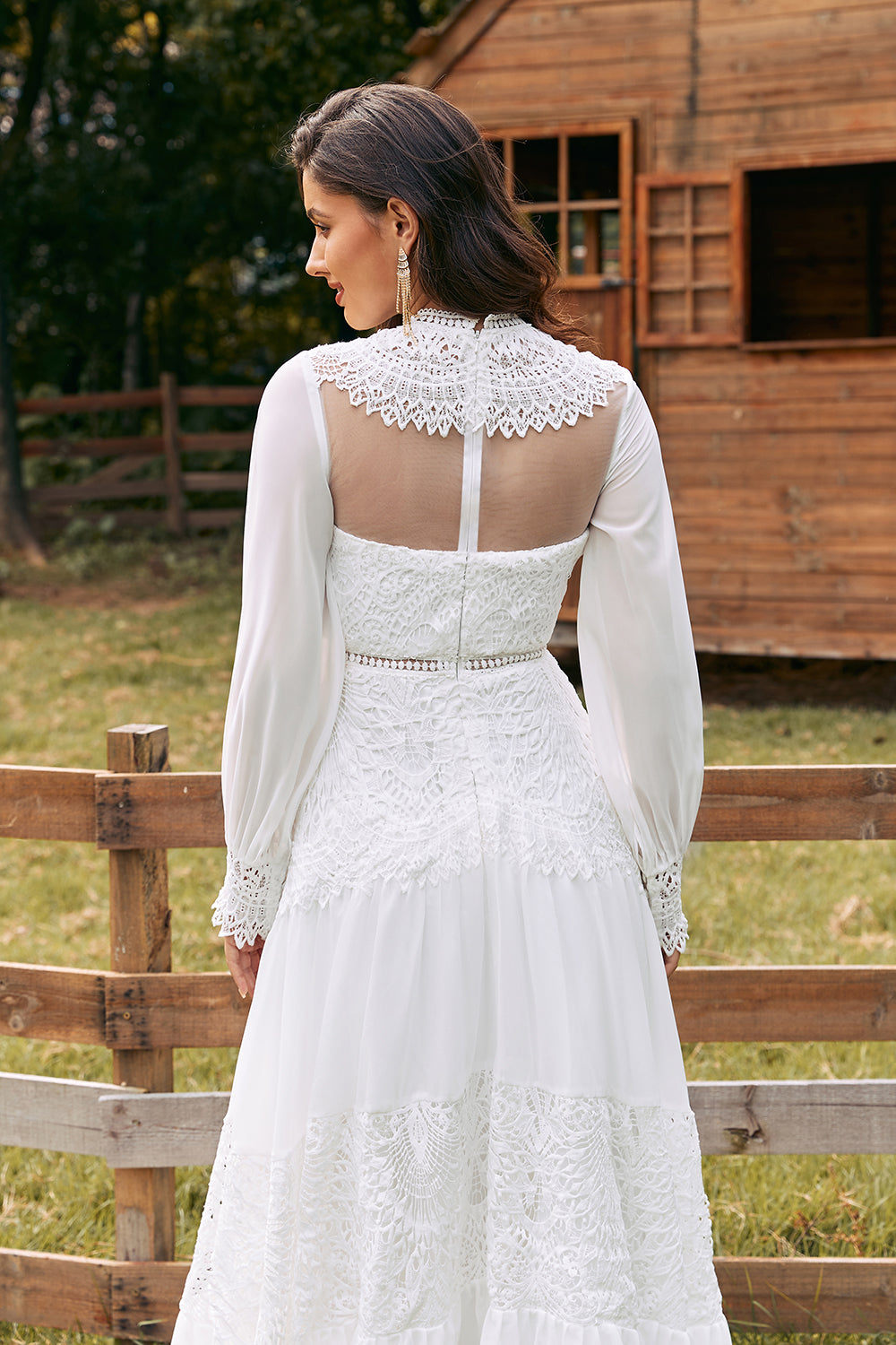 Ivory A Line Round Neck Long Sleeves Boho Wedding Dress with Lace