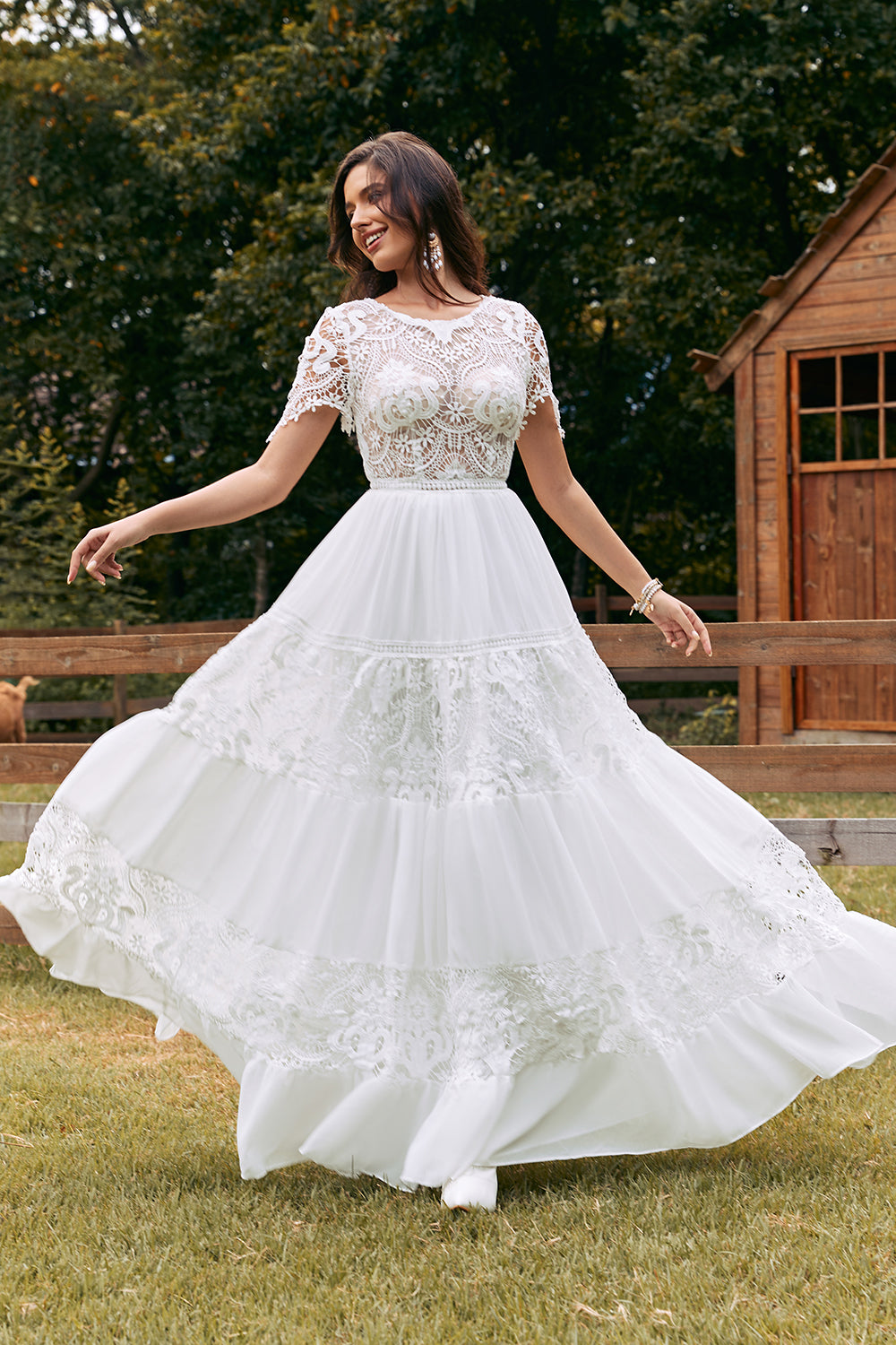 Ivory A Line Short Sleeves Boho Chiffon Wedding Dress with Lace