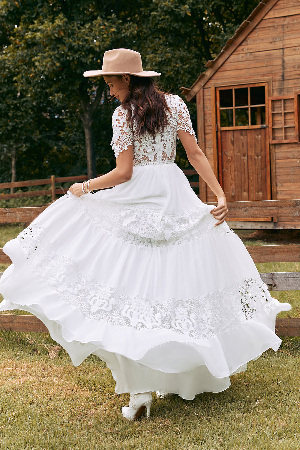 Ivory A Line Short Sleeves Boho Chiffon Wedding Dress with Lace