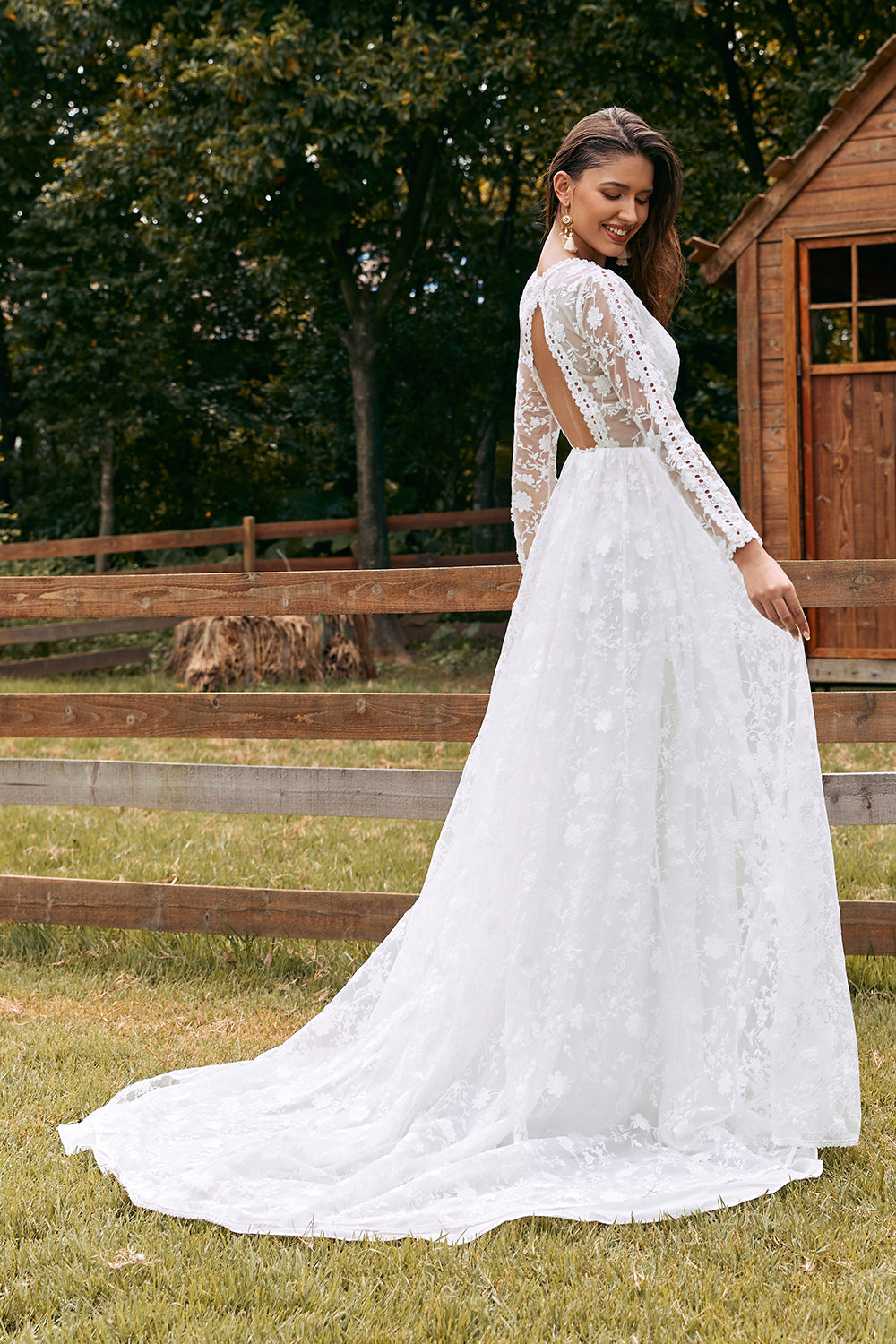 Ivory A-Line V-Neck Sweep Train Lace Wedding Dress with Sleeves