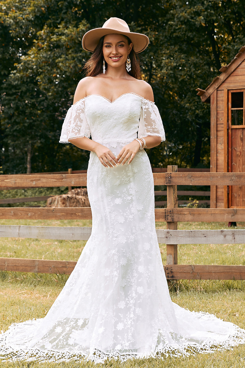 Ivory Mermaid Sweep Train Lace Wedding Dress