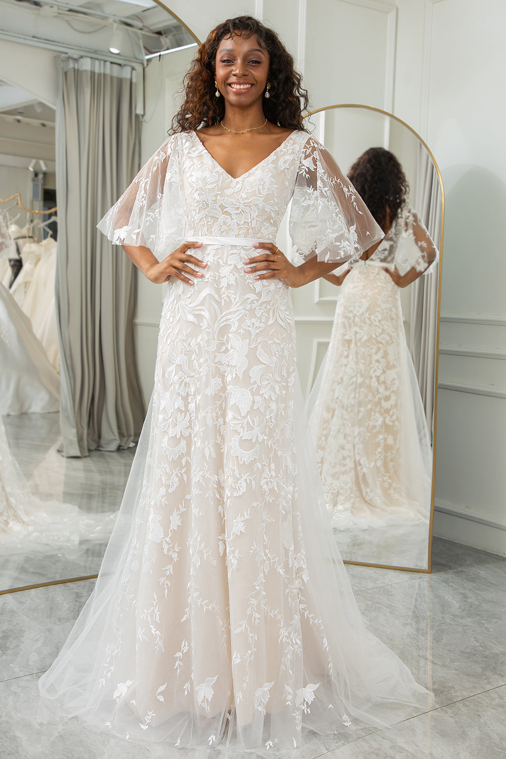 A Line V-Neck Long Lace Wedding Dress With Short Sleeves