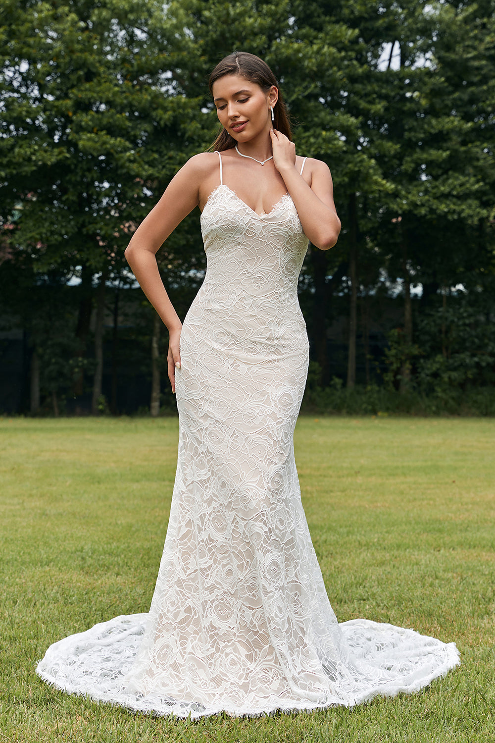 Trumpet/Mermaid Spaghetti Straps V-Neck Sweep Train Wedding Dress With Lace