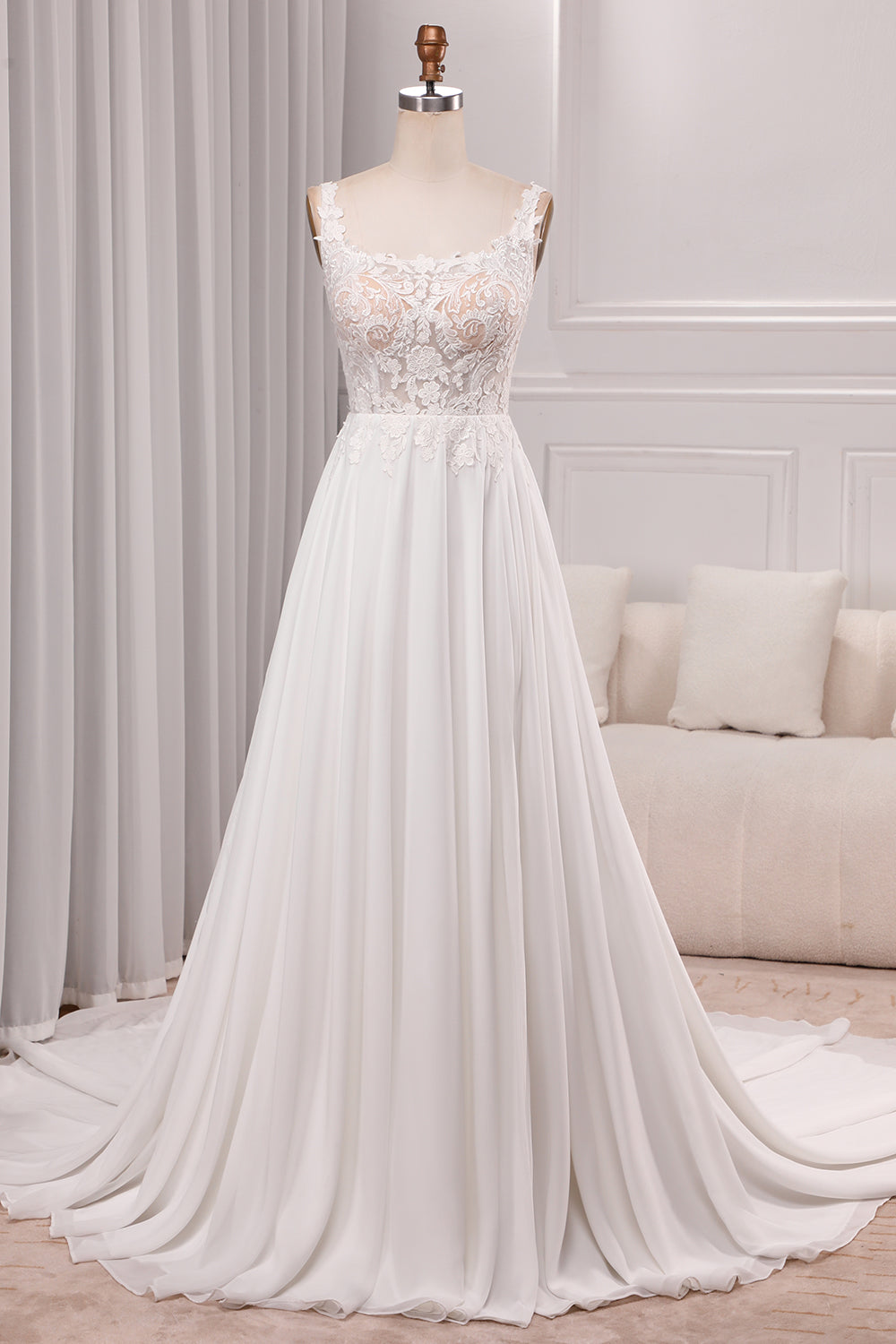 Ivory A Line Square Neck Corset Court Train Bridal Dress With Slit