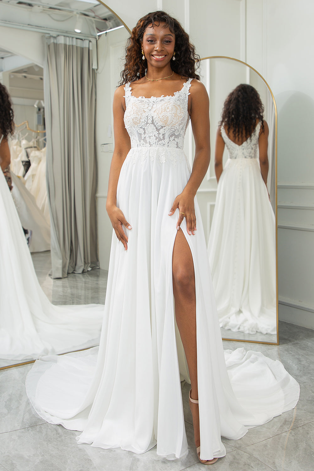 Ivory A Line Square Neck Corset Long Chiffon Lace Wedding Dress With Slit